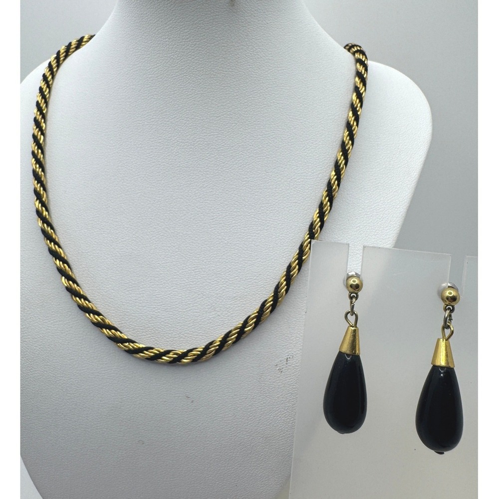 Trifari Vintage Gold Tone Black Twisted Rope Necklace Teardrop Earrings Set
